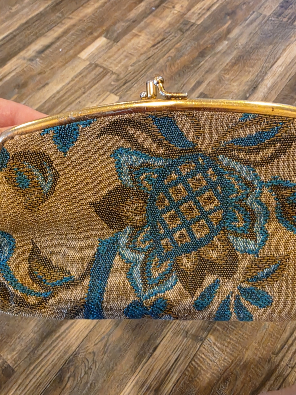 Elegant Floral Tapestry, Kiss Lock Clutch Bag in Teal and Gold,  5x8"